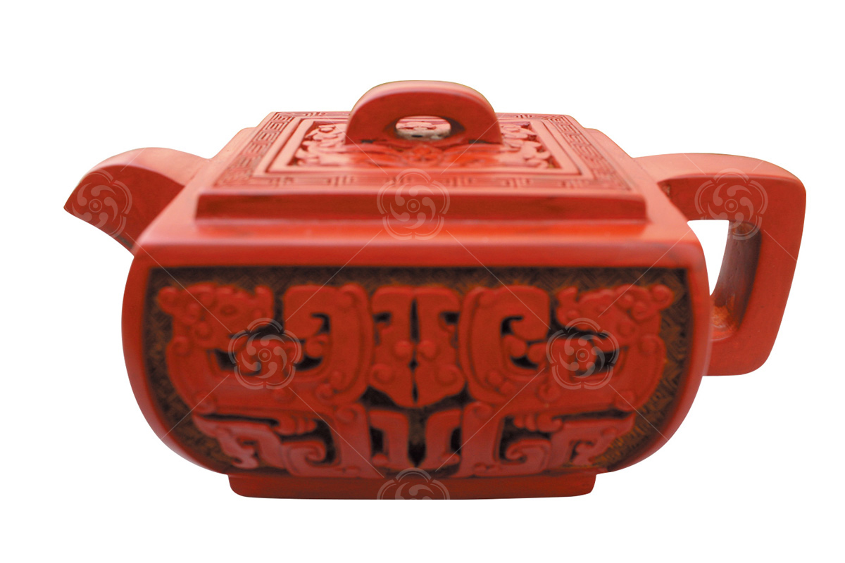 紅雕漆龍紋四方茶壺